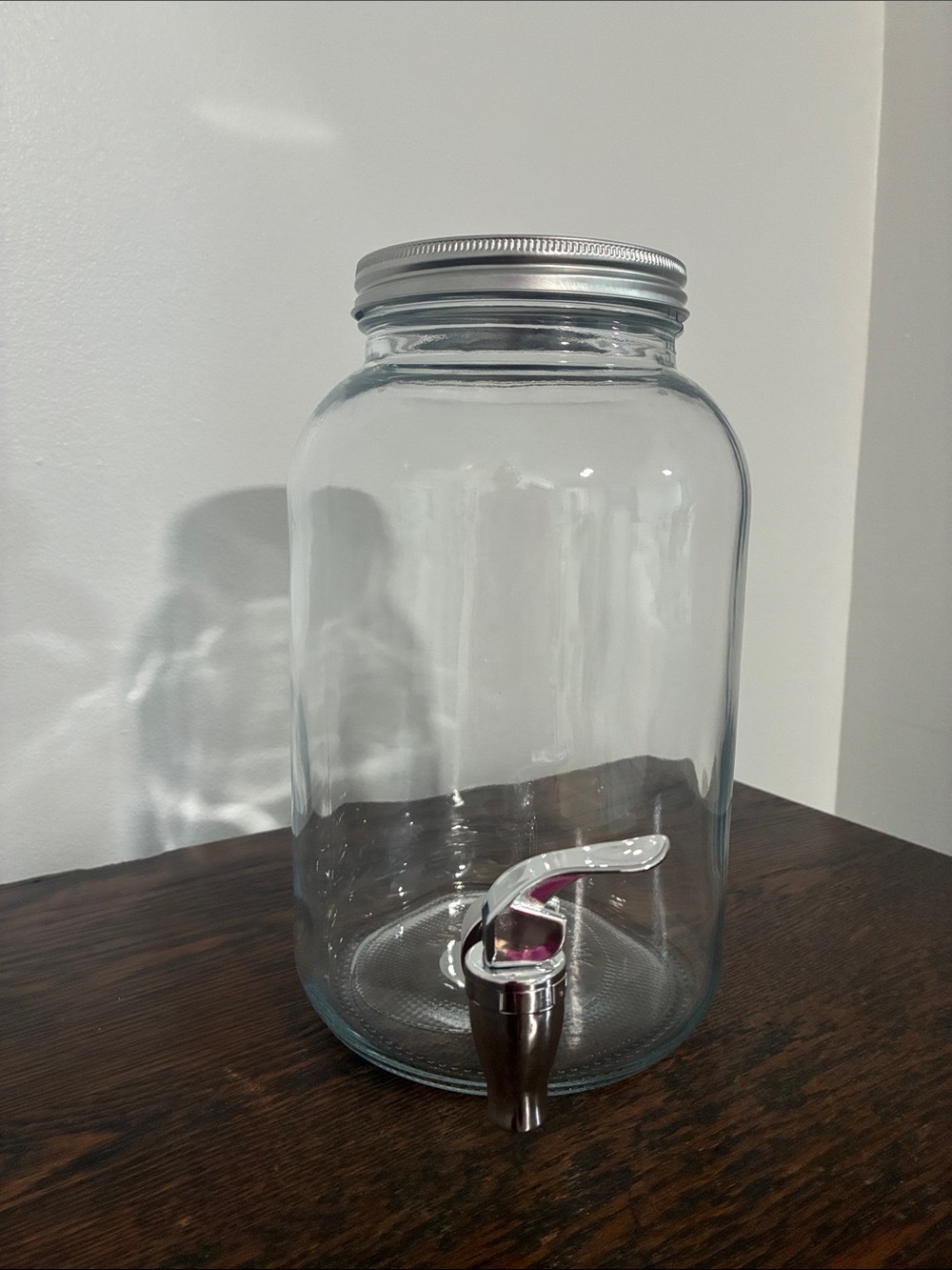 NWT- Clear Glass Drink Dispenser with Silver Lid- 1 Gallon